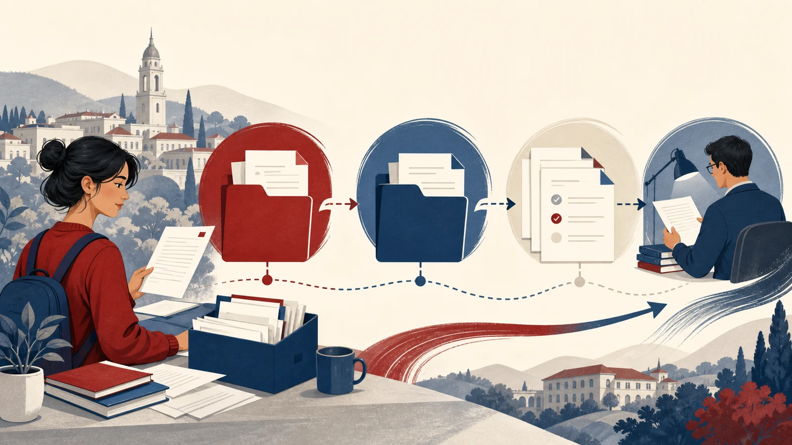 Editorial illustration of an international student reviewing a university placement letter process