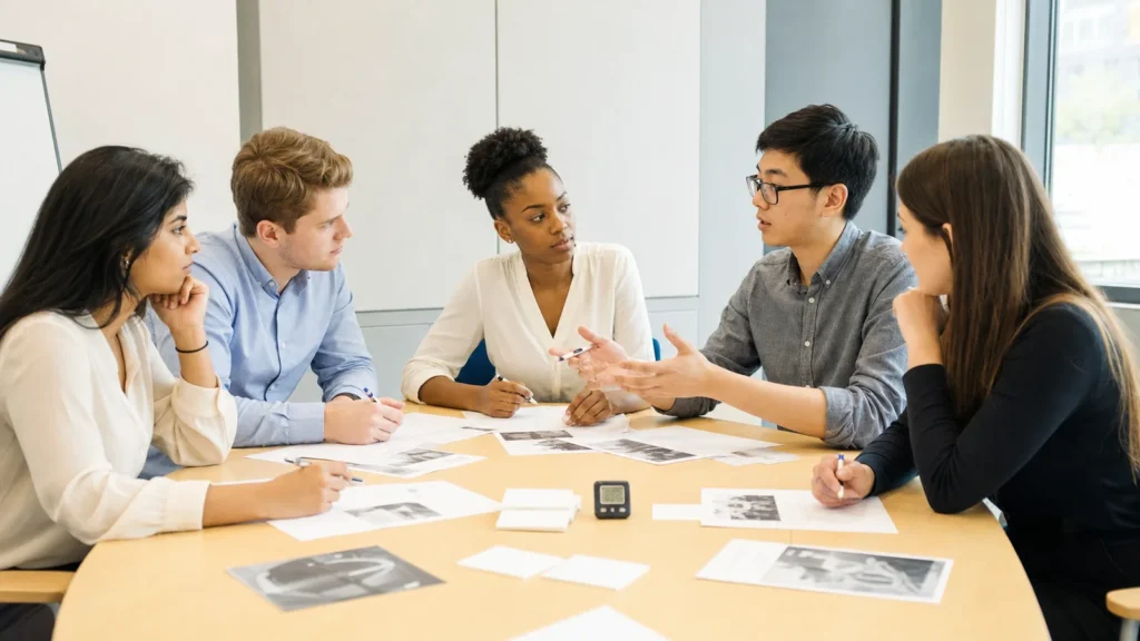Realistic editorial photograph of diverse graduates collaborating during a practice assessment-centre group exercise
