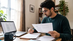 Realistic editorial photograph of an international graduate drafting a tailored cover letter beside a job description