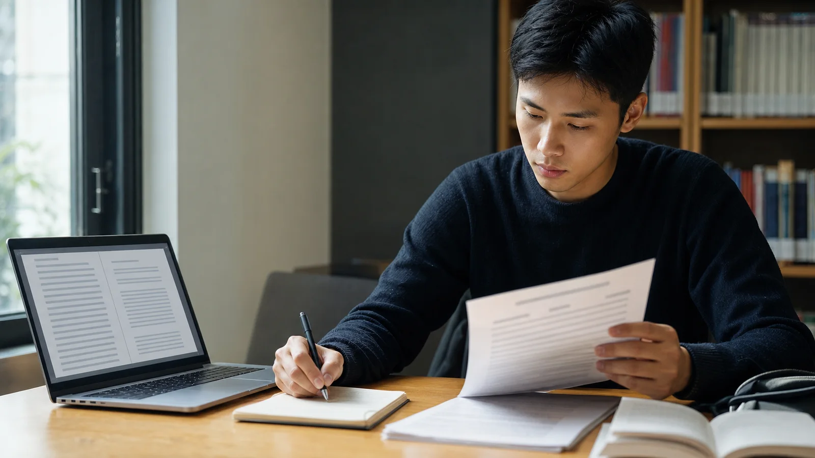 Realistic editorial photograph of an international graduate refining a professional CV at a quiet study desk
