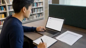 Realistic editorial photograph of an international graduate preparing answers for an online job application form
