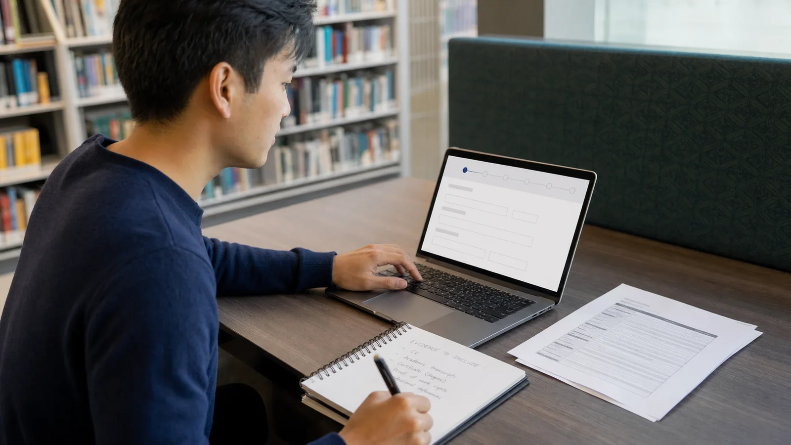 Realistic editorial photograph of an international graduate preparing answers for an online job application form