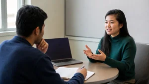 Realistic editorial photograph of an international graduate practising for a professional job interview with a peer