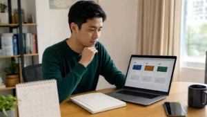 Realistic editorial photograph of an international graduate organising a structured job search plan with a laptop and calendar