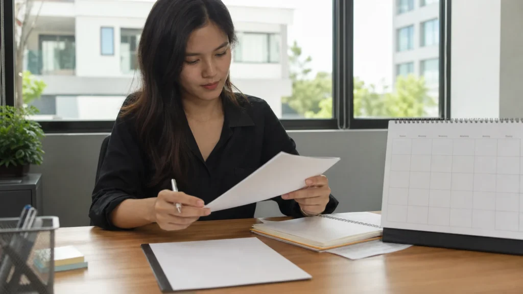 Realistic editorial photograph of a new graduate organising evidence before a workplace performance review