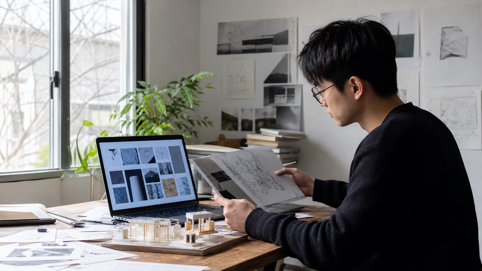 Realistic editorial photograph of an international graduate arranging project work for a professional portfolio