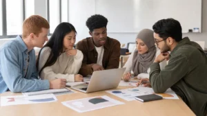Realistic editorial image of diverse international university students collaborating on a group project around a shared table
