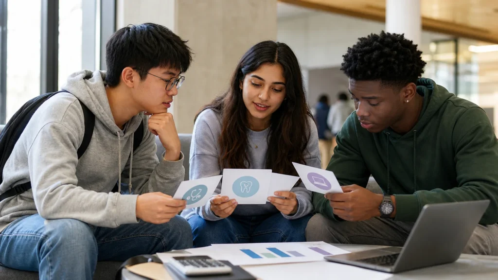 Realistic editorial photograph of international students comparing Grigol Robakidze University and Alte University study options