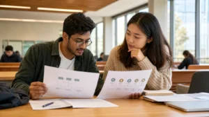 Realistic editorial photograph of international students comparing Grigol Robakidze University and Caucasus University study options