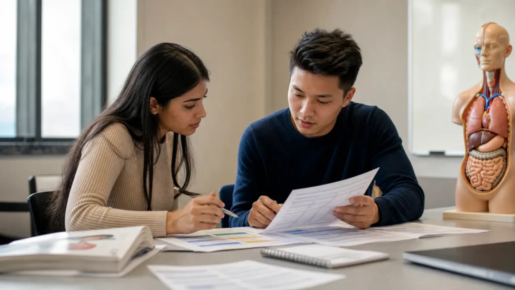 Realistic editorial photograph of international students comparing Grigol Robakidze University and Tbilisi State Medical University study options