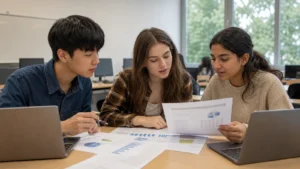 Realistic editorial photograph of international students comparing Grigol Robakidze University and The University of Georgia study options
