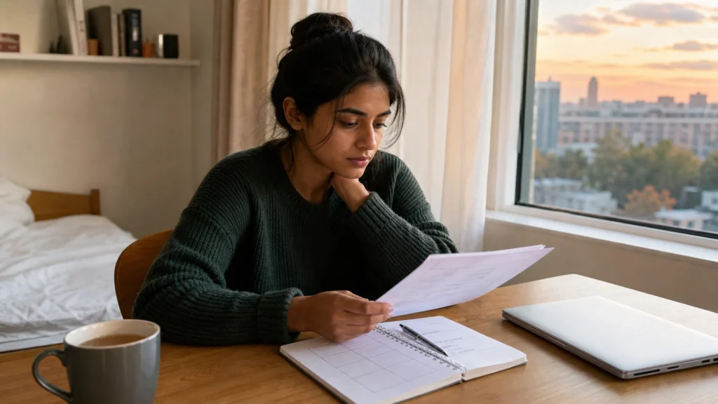 Realistic editorial photograph of an international graduate reviewing notes calmly after receiving a job application outcome