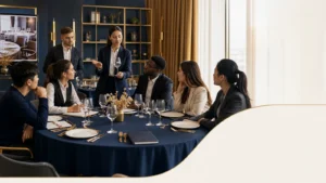 Editorial illustration of international hospitality master's students analysing service operations and revenue decisions