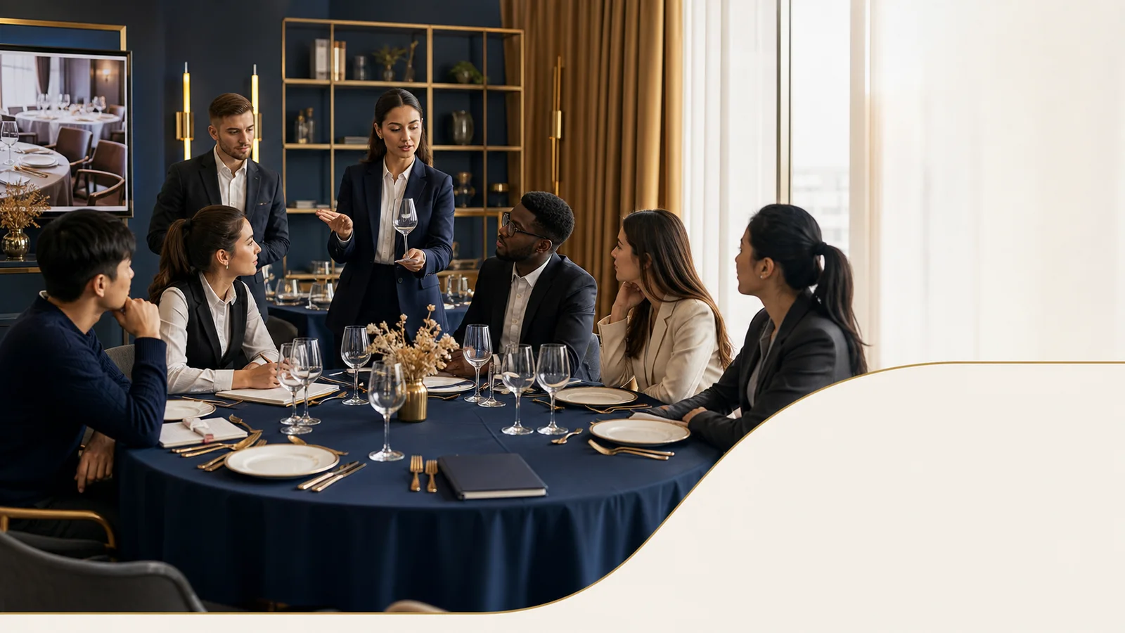 Editorial illustration of international hospitality master's students analysing service operations and revenue decisions