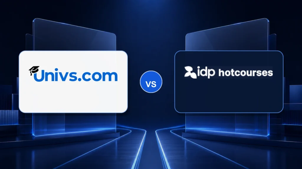 Univs.com logo versus the Hotcourses Abroad logo on a dark blue comparison background