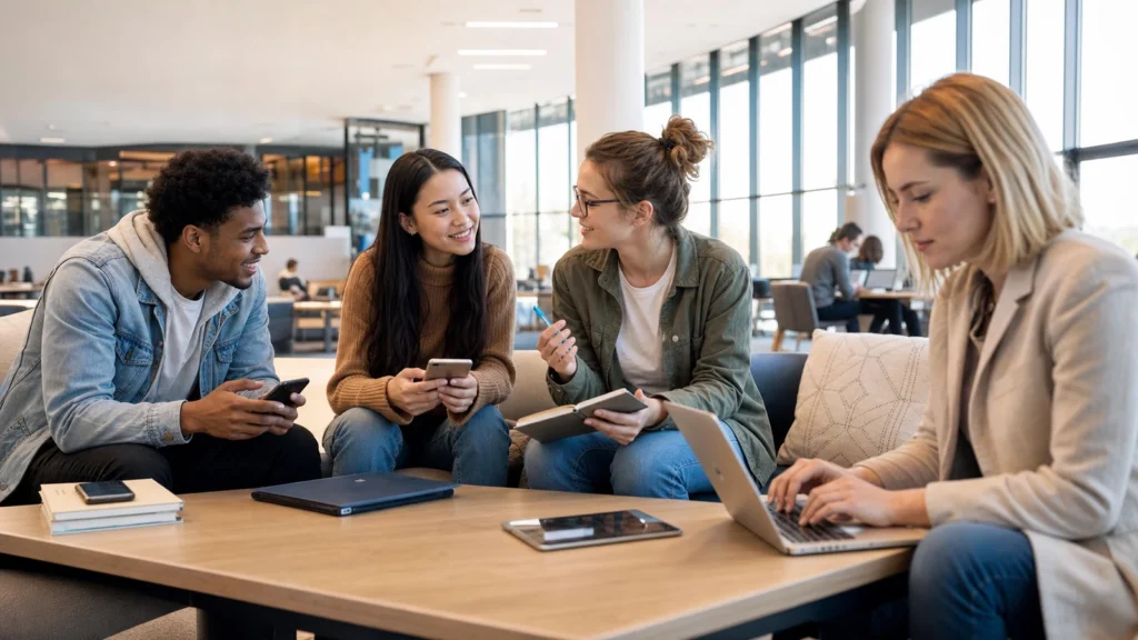 Realistic editorial image showing students and a moderator participating in a balanced verified review process