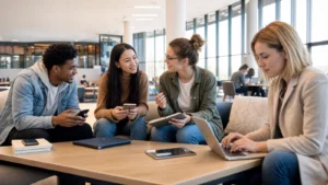 Realistic editorial image showing students and a moderator participating in a balanced verified review process