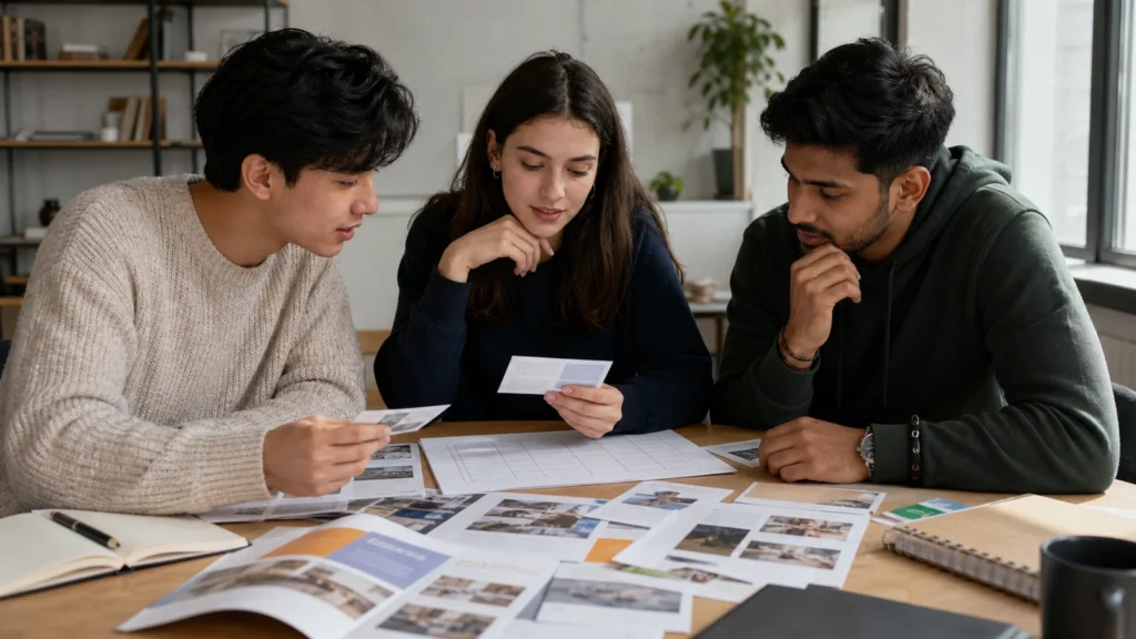 Realistic editorial photograph of international students comparing university options in Tbilisi using a decision checklist