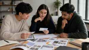 Realistic editorial photograph of international students comparing university options in Tbilisi using a decision checklist