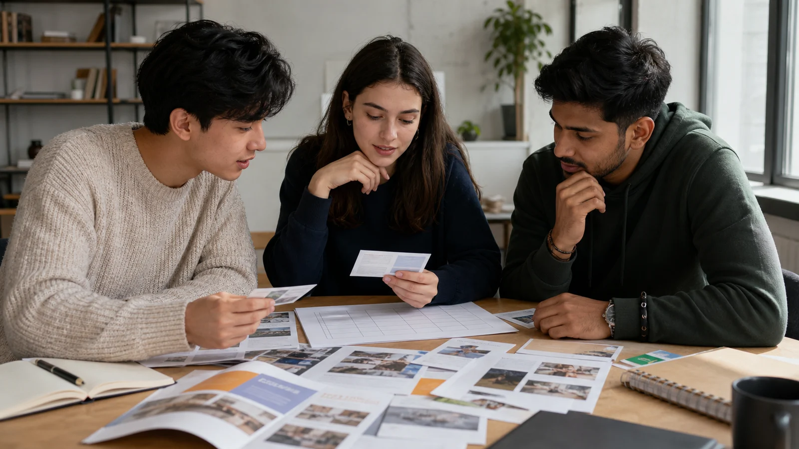 Realistic editorial photograph of international students comparing university options in Tbilisi using a decision checklist
