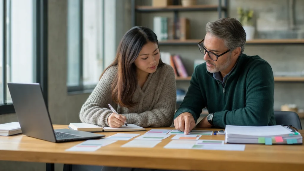 Realistic editorial image of a student and academic adviser mapping modules, credits, practical training and progression in a curriculum