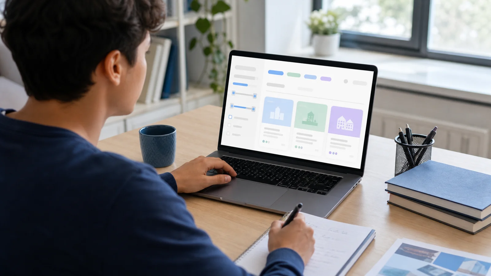 Realistic editorial image of an international student using a laptop to compare university programmes with structured search filters