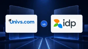 Univs.com logo versus the IDP Education logo on a dark blue comparison background