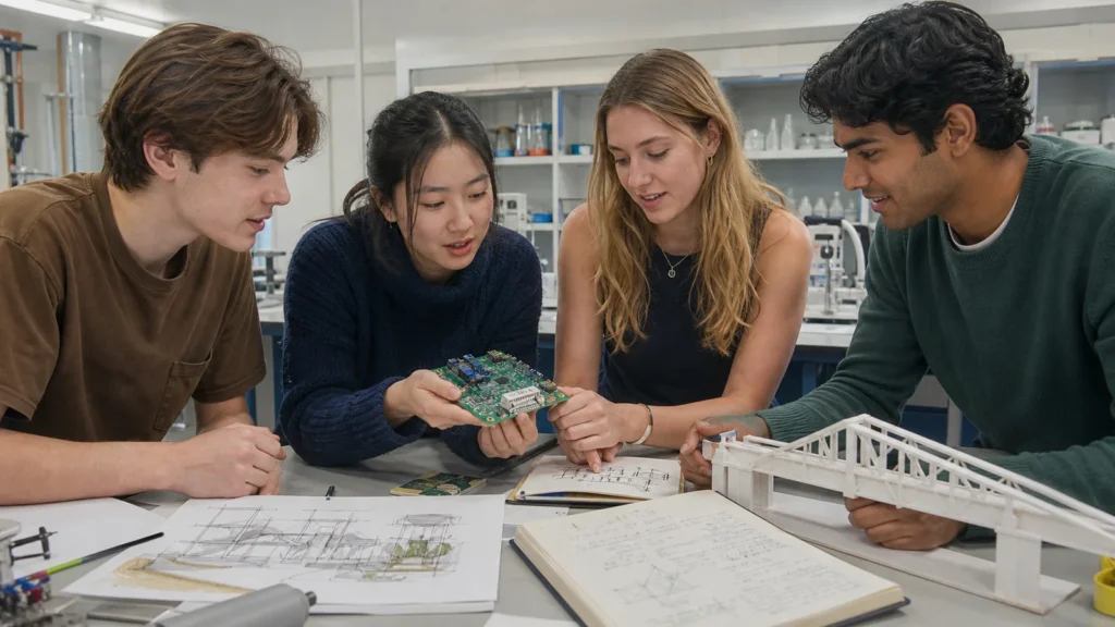 Realistic editorial photograph of international students comparing Ilia State University and Georgian Technical University study options