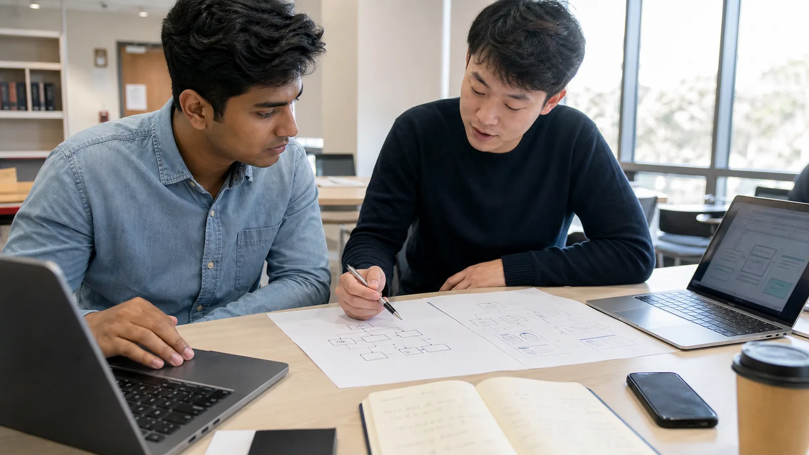 Realistic editorial photograph of students comparing information technology and computer science projects