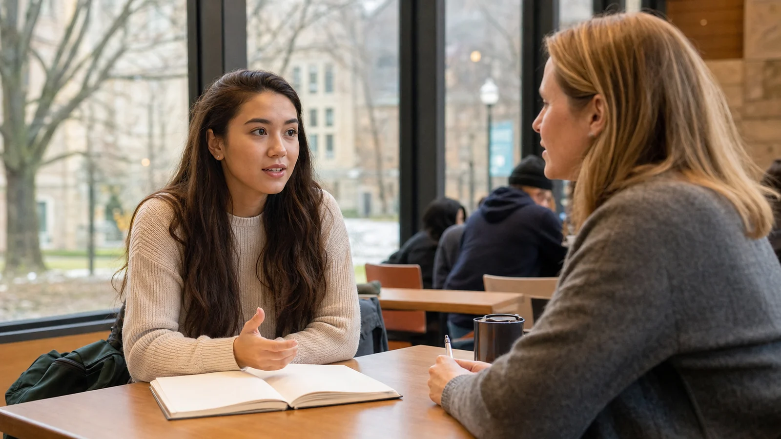 Realistic editorial photograph of a university student having an informational career conversation with a professional