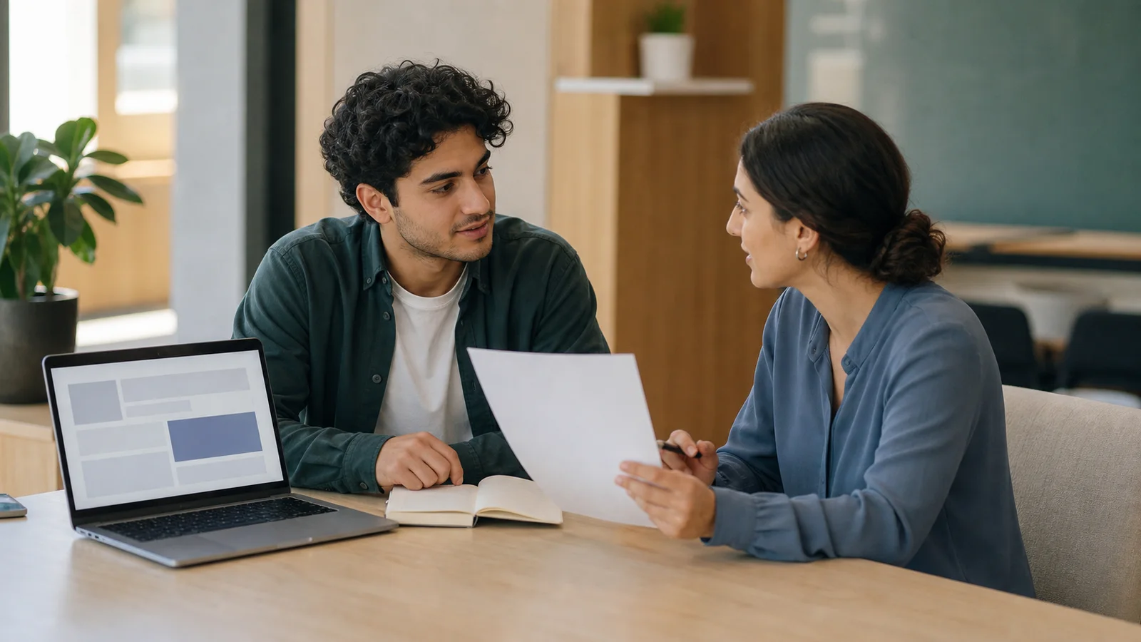 Realistic editorial image of an international student discussing an internship role description with a university career adviser