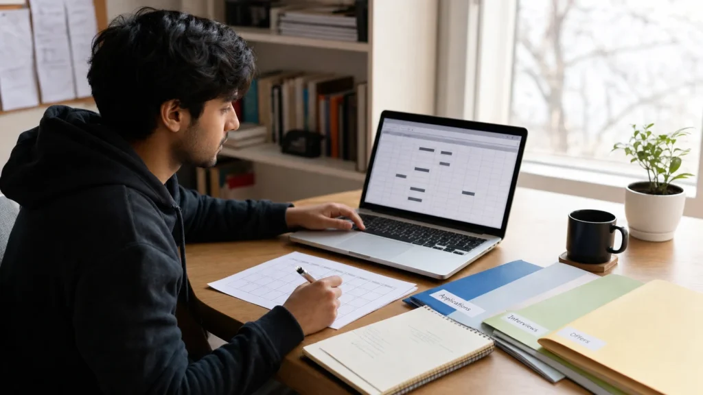 Realistic editorial photograph of an international graduate updating a structured job application tracker