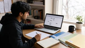 Realistic editorial photograph of an international graduate updating a structured job application tracker