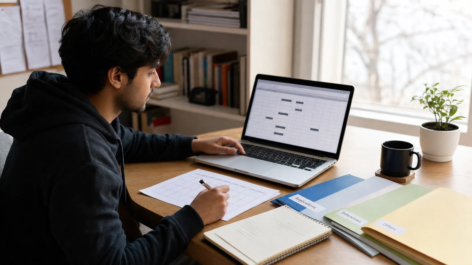 Realistic editorial photograph of an international graduate updating a structured job application tracker