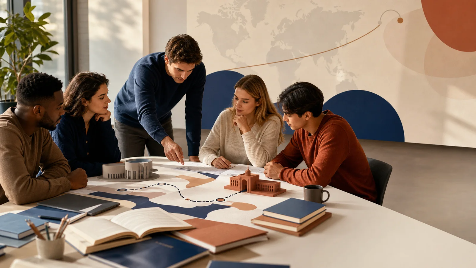 Editorial illustration of international business students preparing for a structured joint-degree study journey