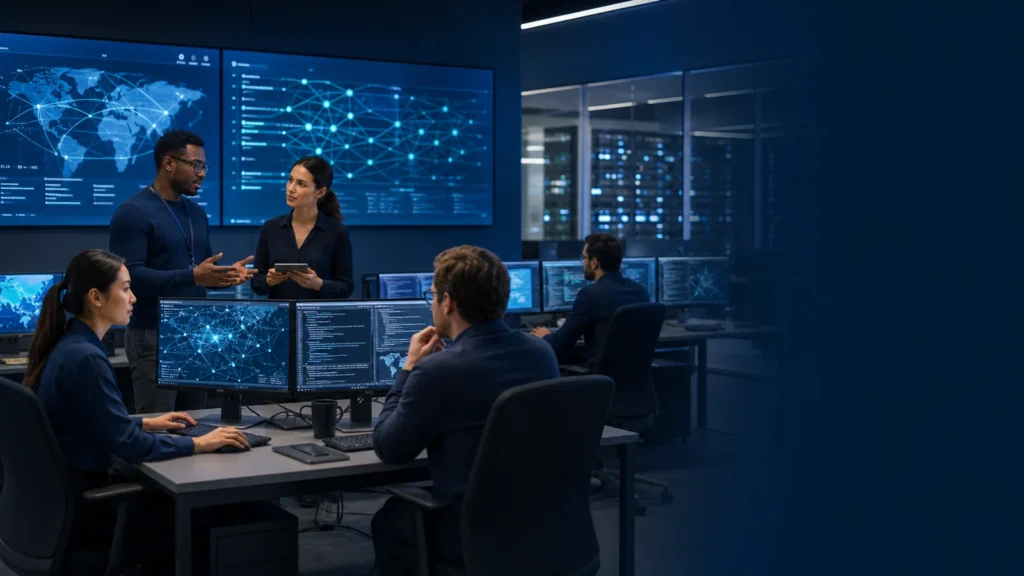 Editorial illustration of international cybersecurity students working in an authorised defensive network laboratory