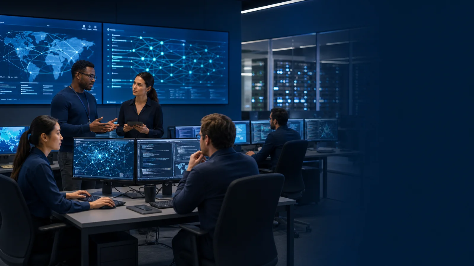 Editorial illustration of international cybersecurity students working in an authorised defensive network laboratory