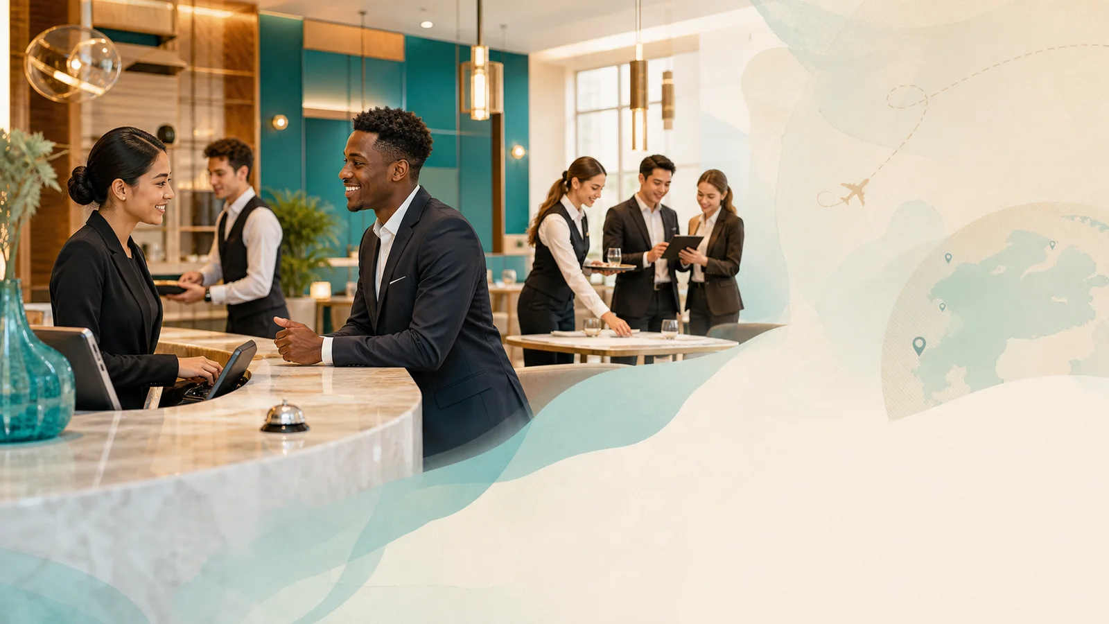 Editorial illustration of international hospitality students planning service operations and an overseas study stage