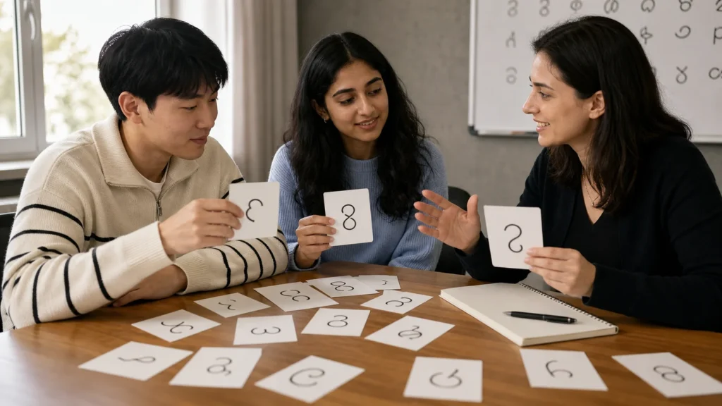 Realistic editorial photograph of fictional international students practising a new alphabet with a tutor in a generic classroom