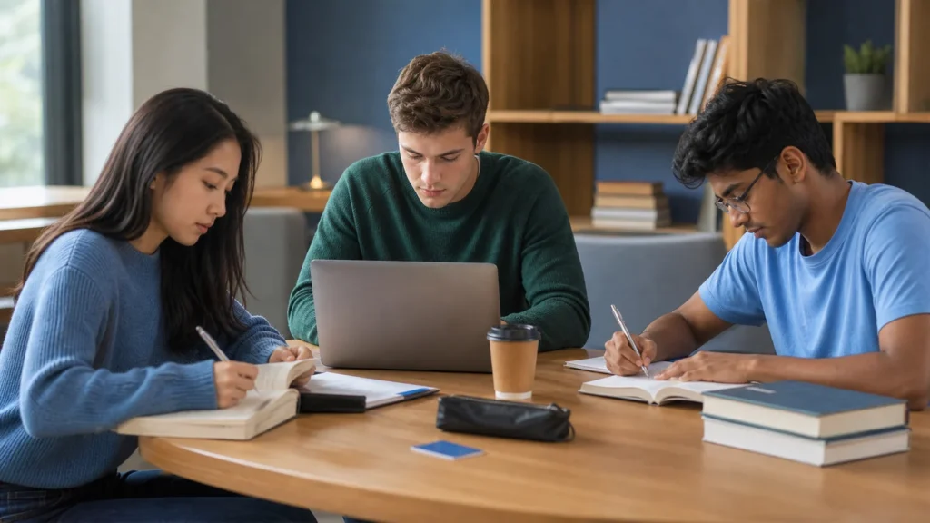 Realistic editorial photograph of international students studying together in a generic library-style reading room