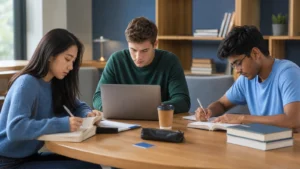 Realistic editorial photograph of international students studying together in a generic library-style reading room