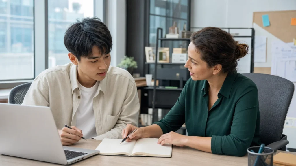 Realistic editorial photograph of an international university student planning learning goals during an internship