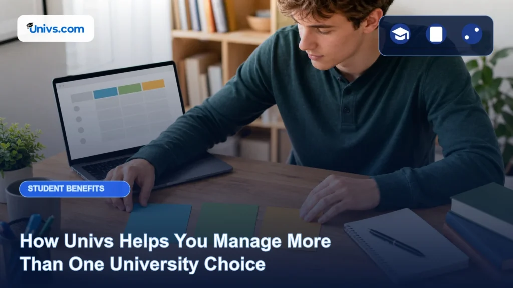 Realistic editorial photograph of a fictional student organising three university choices with blank cards and an abstract comparison grid with the exact Univs brand mark and an audience-specific editorial icon panel.