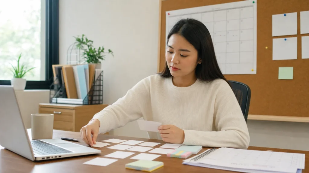 Realistic editorial photograph of a new graduate organising tasks and deadlines at an office desk