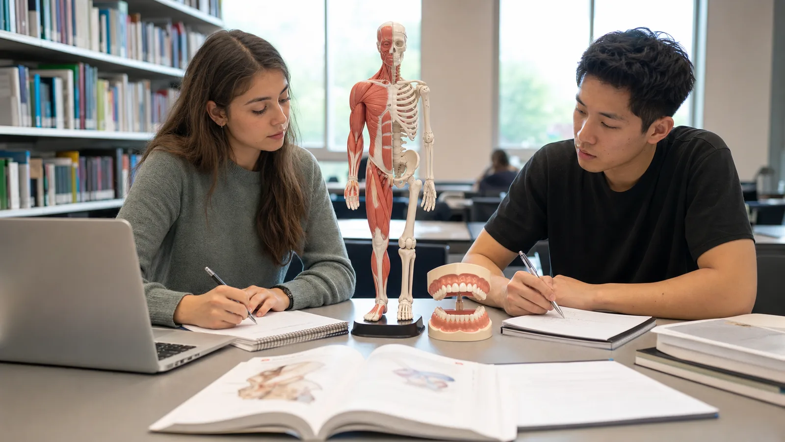 Realistic editorial photograph of two international students comparing medicine and dentistry study routes