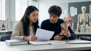 Realistic editorial photograph of international students comparing medicine and nursing learning routes