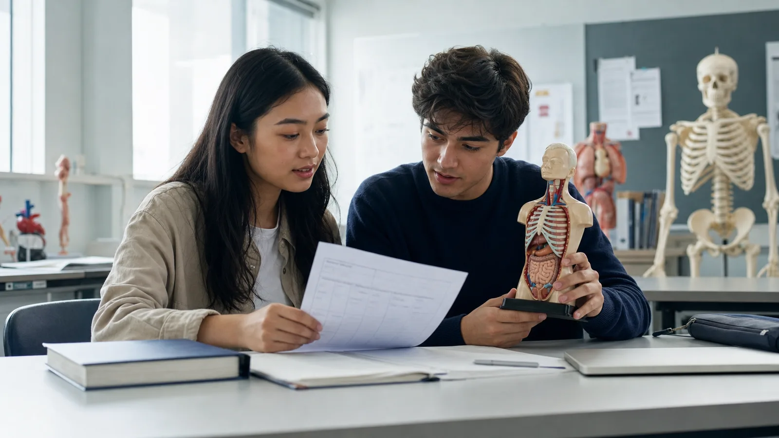 Realistic editorial photograph of international students comparing medicine and nursing learning routes