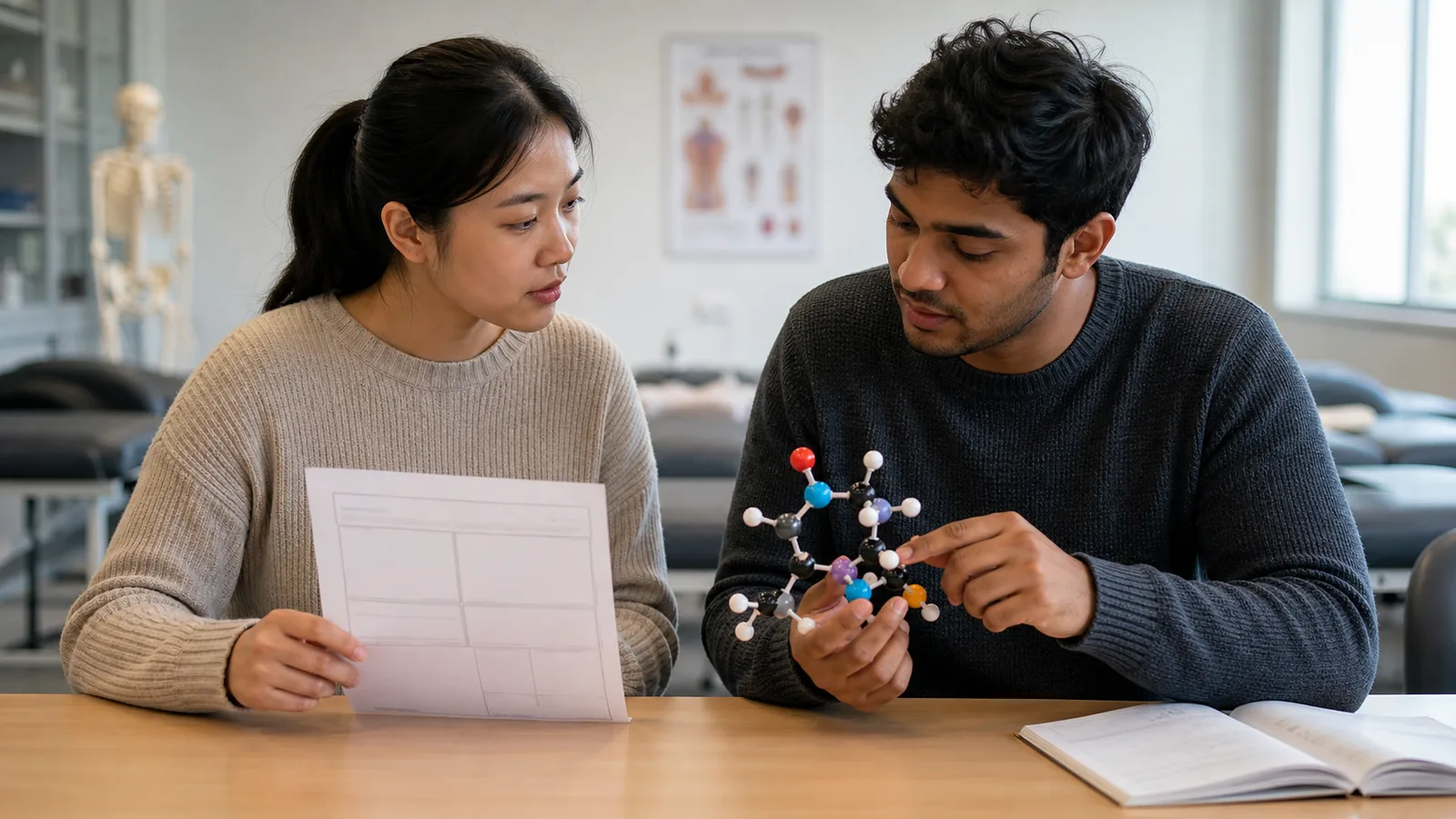 Realistic editorial photograph of students comparing nursing and pharmacy study pathways