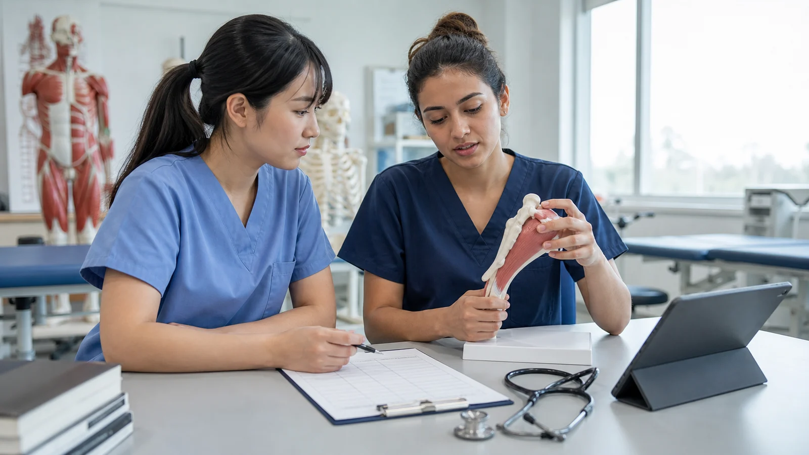 Realistic editorial photograph of health-sciences students comparing nursing and rehabilitation study routes