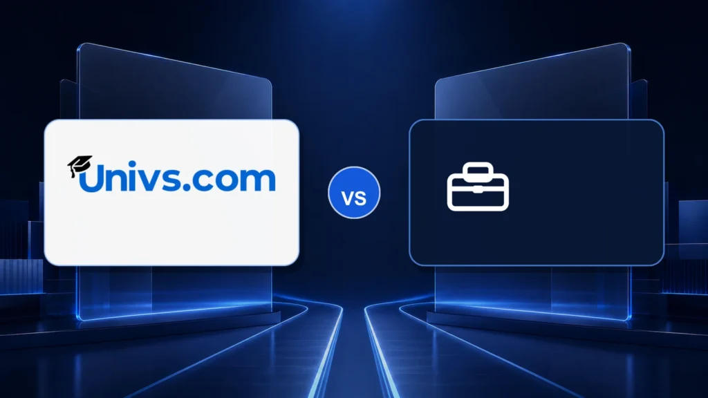 Univs.com logo versus a neutral traditional education-agent symbol on a dark blue comparison background